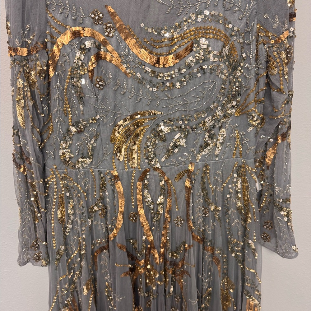 Mac Duggal Elegant Gray and Gold Embellished Evening Gown - Picture 4 of 7